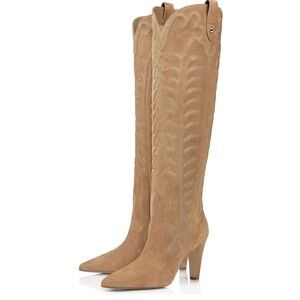 Tan Vegan Suede Pointy Toe Stitching Heeled High Cowgirl Boots